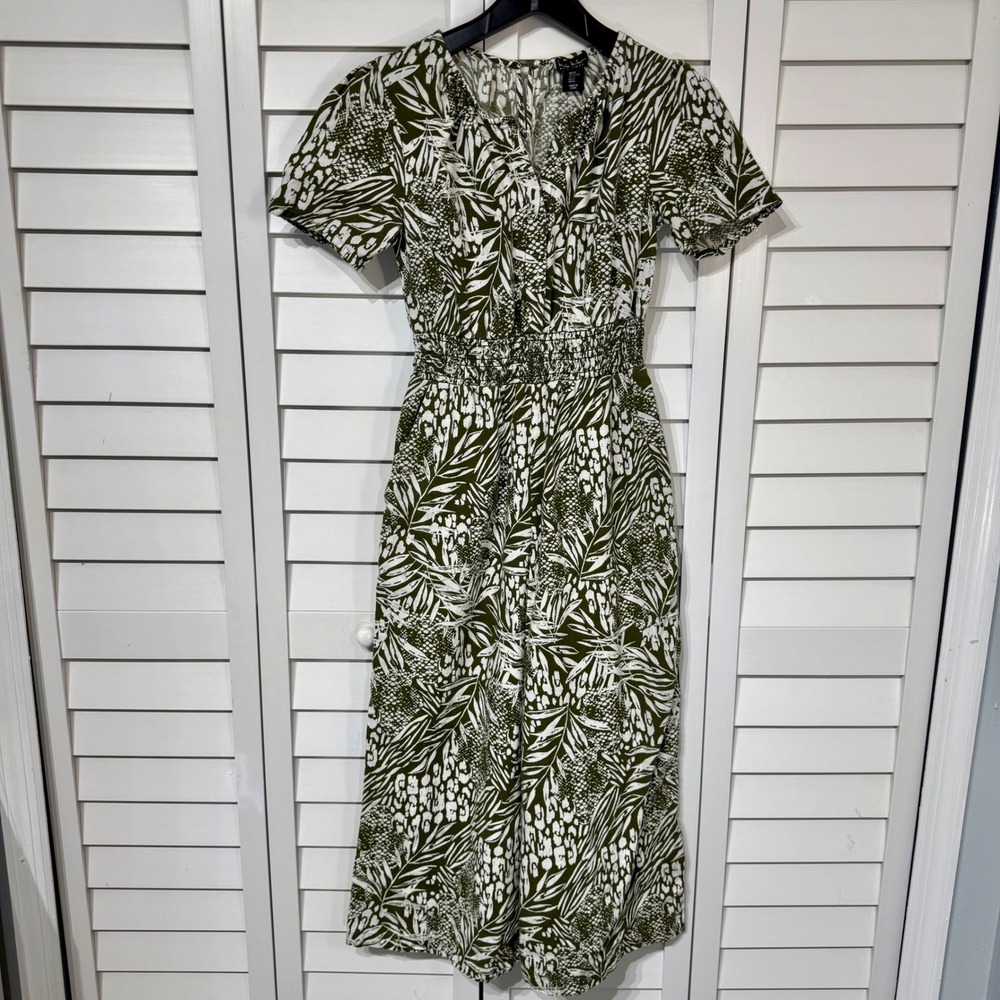 Nicole Miller New York Womens Green White Leaf Animal Print Wide Leg Jumpsuit XS